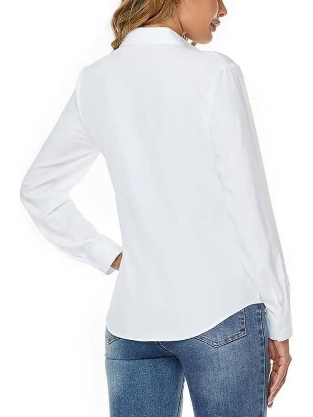 Size Large Jonivey Womens Stretch Button Down Long Sleeve Shirt, White Button Up - Picture 3 of 6